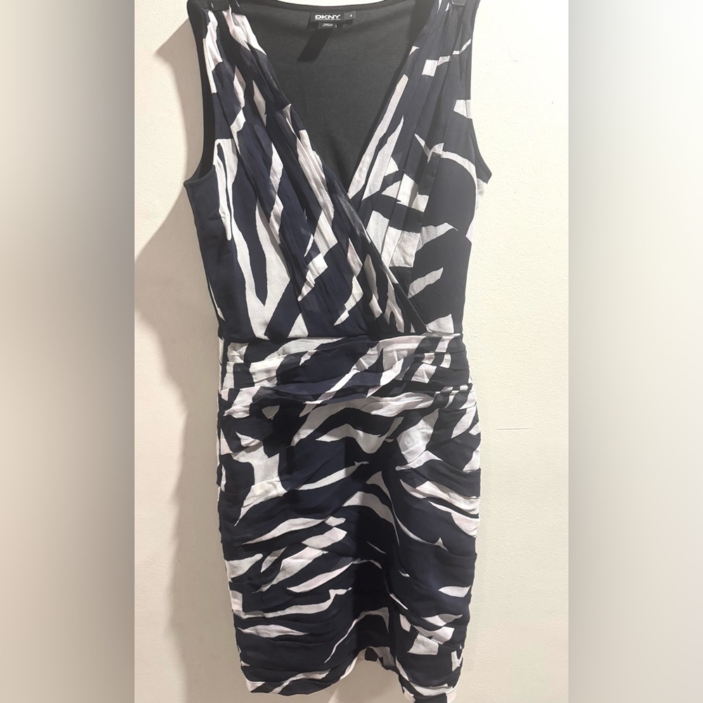 DKNY Black and White One-Shoulder Zebra Print Dress